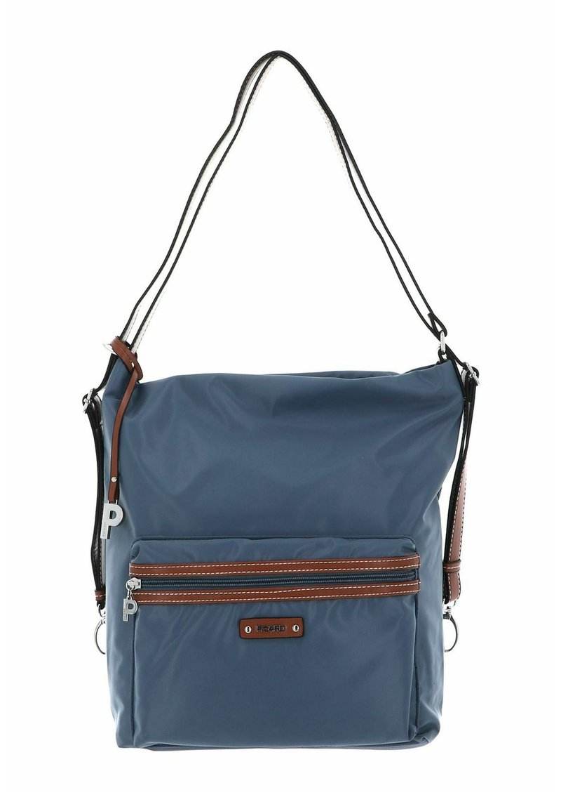 Sac à bandoulière en nylon bleu avec un accent en cuir marron, sangle longue réglable, fermeture supérieure à glissière, et une poche avant avec des coutures contrastantes.