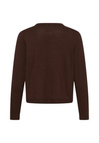 Pull en tricot marron foncé à manches longues avec un col rond, montré de dos sur fond blanc.