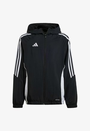 Schwarze Sportjacke mit weißen Akzenten, mit Reißverschluss vorne, Kapuze und drei weißen Streifen an jedem Ärmel. Hergestellt aus leichtem, atmungsaktivem Material.