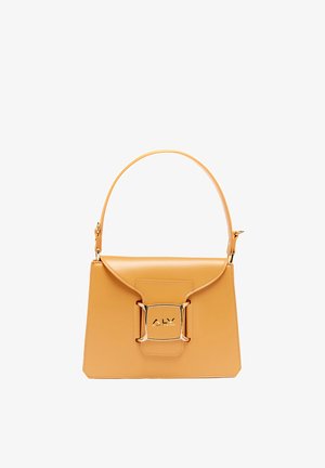 Sac à main en cuir fauve avec une forme structurée, une anse supérieure et une boucle en métal gravée "ALY by Alviero Martini" sur le rabat avant.