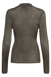 Pullover din tricot cu mâneci lungi, de culoare gri metalizat, cu guler, având o textură elastică și un design ajustat.