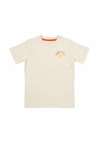 Camiseta crema de algodón con mangas cortas. Presenta un cuello con tintes naranjas y un estampado de "TIME FRIES" con un gráfico de patatas fritas en amarillo.