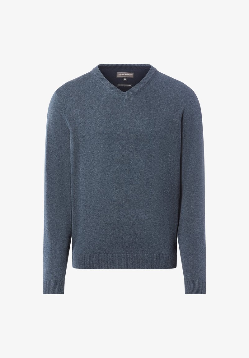 Donkerblauwe V-hals trui van zacht breimateriaal. Heeft lange mouwen en ribbels aan de manchetten en zoom voor een aansluitende look.