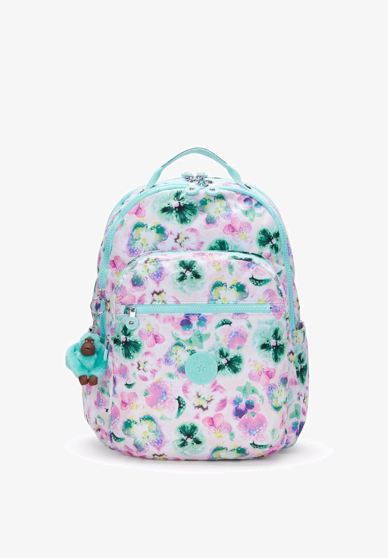 Rucksack mit pastellfarbenem Blumenmuster in Rosa und Grün, mit einem türkisfarbenen Reißverschluss, einer Fronttasche und einem verspielten Affen-Schlüsselanhänger.