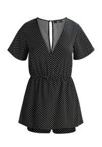 Musta romantikka valkoisilla pilkkuilla, lyhyet hihat, syvä V-pääntie, joustava vyötärö ja levenevät shortsit. Napin suljenta takana.