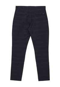 Pantalons à carreaux bleu marine au design ajusté, avec une taille plate, quatre poches et une texture lisse.