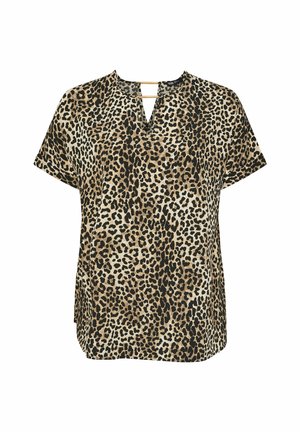 Top de print de leopardo con escote en V y mangas cortas. Elaborado con una tela ligera, con un acento dorado en el escote.