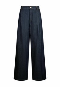 Jeans a gamba larga realizzati in denim di blu scuro, con vita alta, cuciture visibili e chiusura con bottone frontale. Design minimalista.