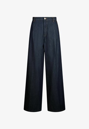 Wijdlopende jeans van donkerblauwe denim, met een hoge taille, zichtbare stiksels en een knoopsluiting aan de voorkant. Minimalistisch ontwerp.