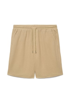 Pantaloncini beige in cotone con trama, dotati di vita elastica, coulisse e tasche laterali, progettati per un uso casual.