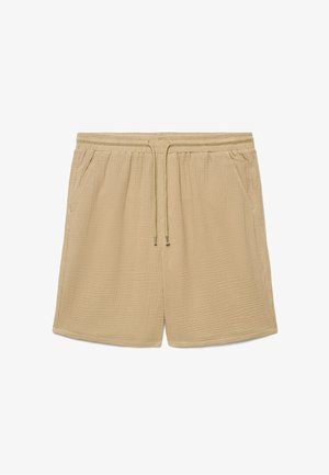 Pantaloncini beige in cotone con trama, dotati di vita elastica, coulisse e tasche laterali, progettati per un uso casual.