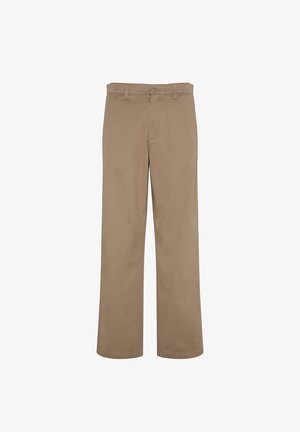 Pantaloni di cotone color beige con design a gamba dritta, dotati di una cintura standard, una cerniera frontale e una singola tasca posteriore.