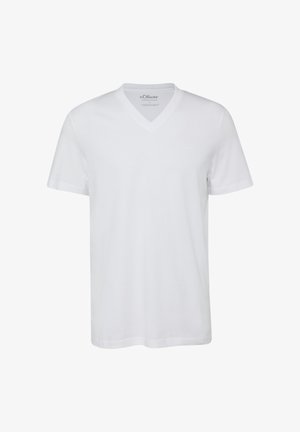 Plain white short-sleeve V-neck T-shirt with s.Oliver brand label inside the collar, displayed on a white background.