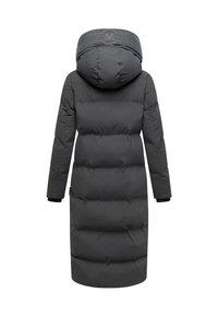 Gray puffer coat with a hood, featuring a quilted design and elasticized cuffs. Straight cut hem and logo accents on the hood.