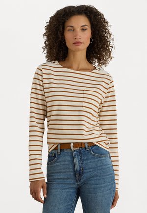 STRIPED JERSEY SNAP-TRIM BOATNECK TOP - Longsleeve - mascarpone cream/cinnamon bark
