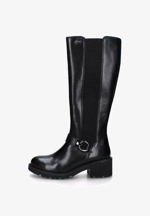 Stivali neri in pelle al ginocchio con un pannello testurizzato, dettagli in metallo argentato e tacco largo. Finitura liscia e design a punta rotonda.