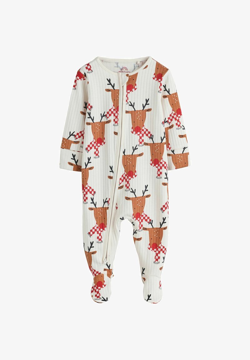 Body niemowlęce z długim rękawem w kremowym prążkowanym materiale, z wzorem w renifery w czerwono-białe szaliki, z zapięciem na zamek oraz stópkami.