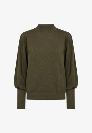 Olive green, long-sleeved sweater with a high neck, ribbed cuffs, and slightly puffed sleeves. Soft texture with a relaxed fit.