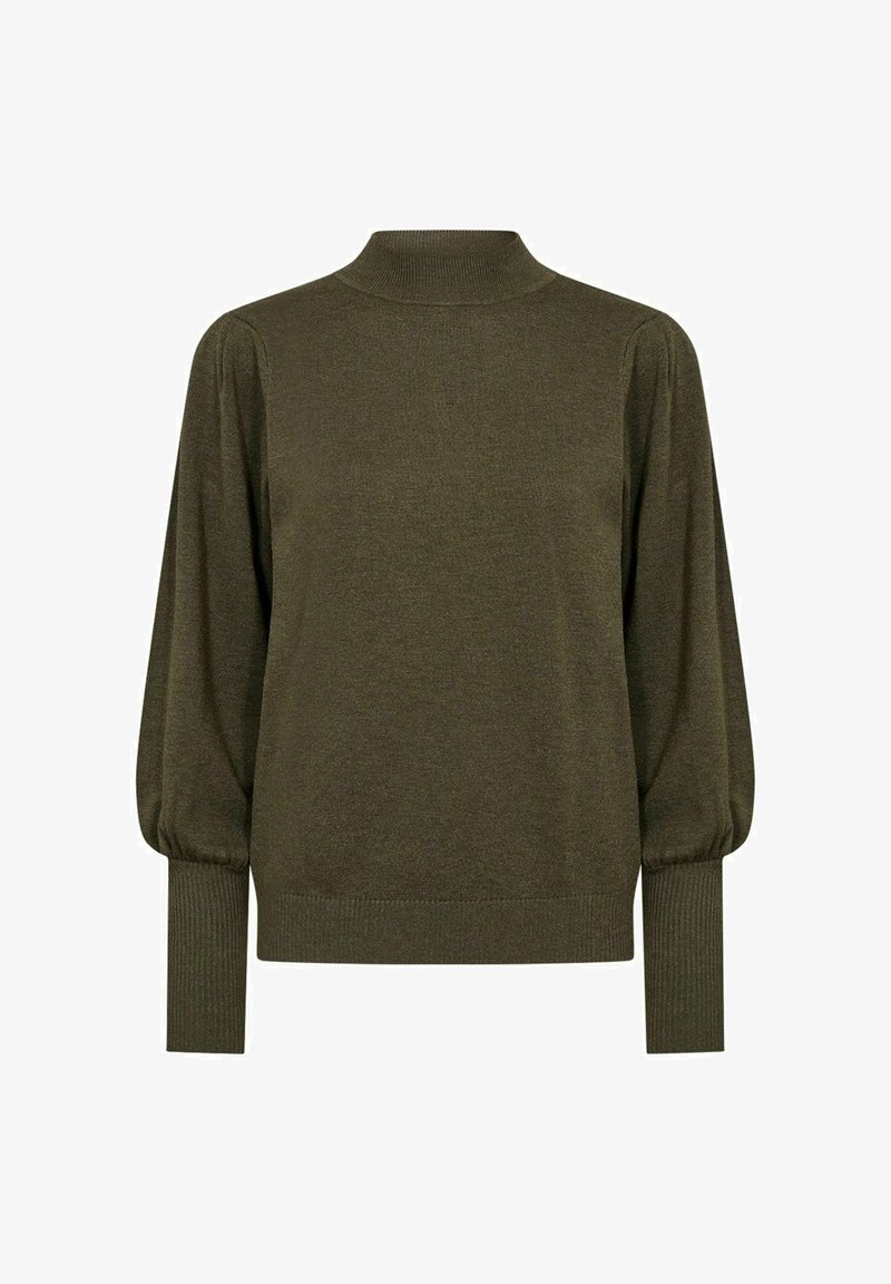 Olivno zelena pulover z dolgimi rokavi in visokim ovratnikom, rebrasti manšeti in rahlo napihnjenimi rokavi. Mehka tekstura s sproščenim krojem.