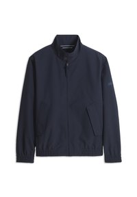 Marineblauw jack met ritssluiting, opstaande kraag, twee schuine steekzakken aan de voorkant, elastische manchetten en elastische tailleband.