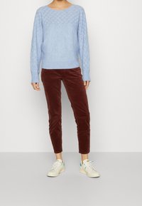 Jasnoniebieski sweter warkoczowy z wzorem diamentowym, zestawiony z rdzawymi spodniami sztruksowymi i białymi sneakersami z akcentami w kolorze turkusowym.