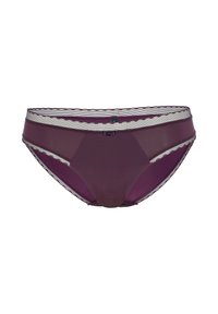 Slip femminile viola e bordeaux con pannelli in rete trasparente, bordi ondulati e un piccolo fiocco al centro nella parte frontale.