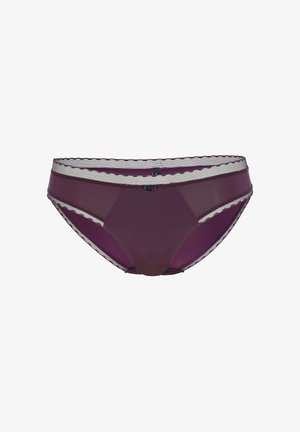 Slip femminile viola e bordeaux con pannelli in rete trasparente, bordi ondulati e un piccolo fiocco al centro nella parte frontale.