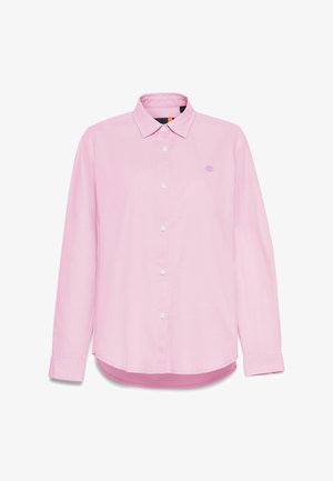 Light pink long-sleeve button-up shirt made of soft fabric; features a pointed collar, white buttons, and a small logo on the chest.