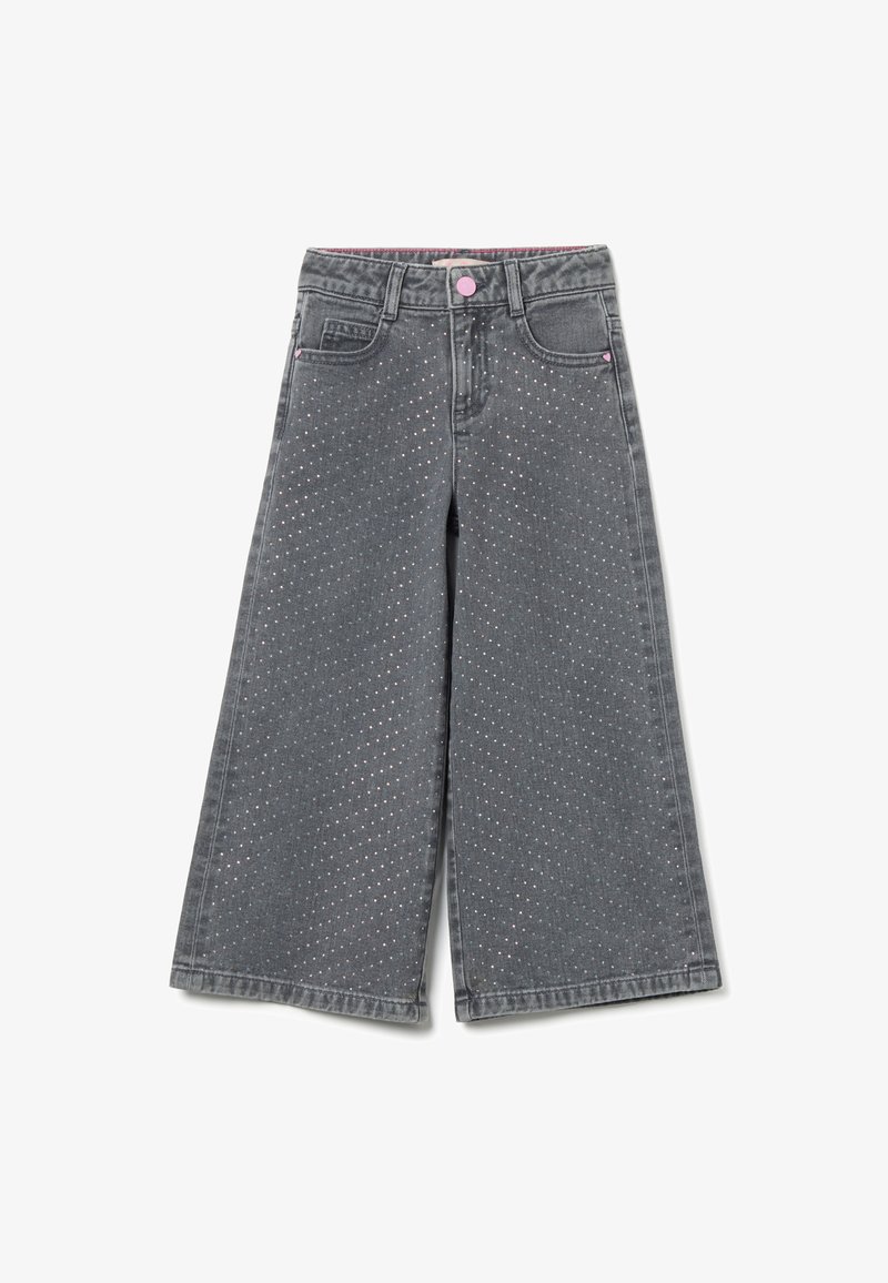 Culottes in denim grigio con design a gamba larga, impreziositi da motivi a pois colorati e un bottone rosa in vita.