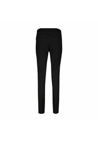 Sorte bukser med tapered fit, elastisk talje og to baglommer. Glat stof med en mat tekstur, ingen synlige mønstre.