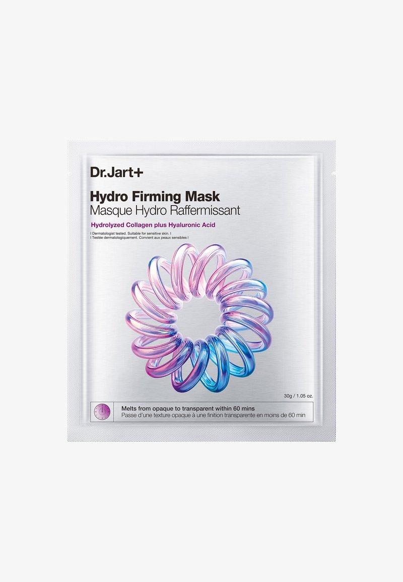 Dr.Jart+ Hydro Firming Mask packaging with purple and blue spiral graphic, highlighting collagen and hyaluronic acid, 30g, 60-minute melt time.