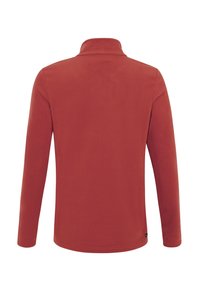 Pullover in pile rosso con colletto alto e maniche lunghe. Tessuto morbido, finitura liscia e dettagli di cucitura minimalisti all'orlo.