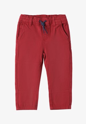 Pantaloni rossi realizzati in un tessuto leggero, con una vestibilità affusolata, cintura elastica, dettaglio con cordoncino e tasche laterali.