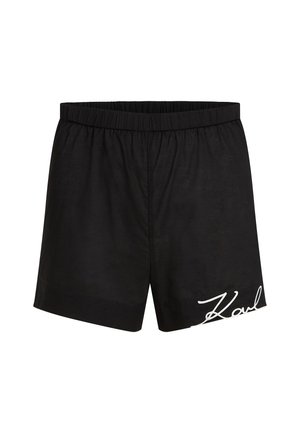 Zwarte katoenen shorts met een elastische tailleband, voorzien van een witte geborduurde logo. Eenvoudig design, knielang zonder extra patronen.