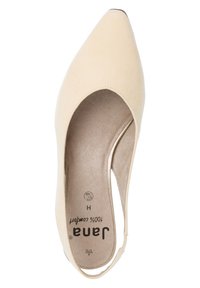 Beige lodičky s špičatou špičkou, perforovaným designem a páskem na patě. Měkká textura a polstrovaná stélka s logem vytištěným na vnitřní straně.