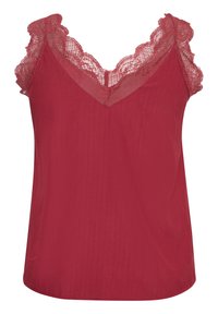 Rød camisole-top med blonder ved udskæringen og skuldersømmen, der har en subtil ribbet tekstur og en afslappet pasform.