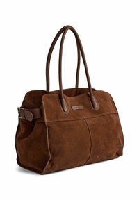 Borsa a tracolla in suede marrone con dettagli in pelle liscia, dotata di due manici, un corpo spazioso e una forma strutturata con dettagli in cucitura.