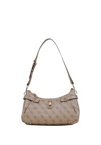 Bolso marrón con estampado y forma curva, con una correa para el hombro, herrajes dorados y dos bolsillos con cremallera en la parte frontal.