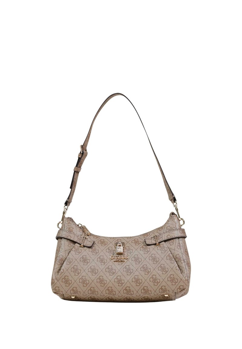 Bolso marrón con estampado y forma curva, con una correa para el hombro, herrajes dorados y dos bolsillos con cremallera en la parte frontal.