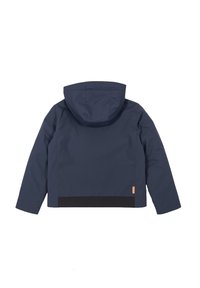 Giacca blu navy scuro con cappuccio, maniche lunghe e dettagli neri all'orlo, mostrata da dietro su uno sfondo bianco.