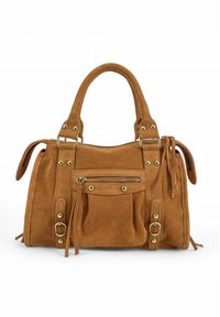 Sac à main en daim tan avec doubles poignées supérieures, poche zippée, accroches métalliques et sangles latérales ajustables. Texture douce et forme structurée.