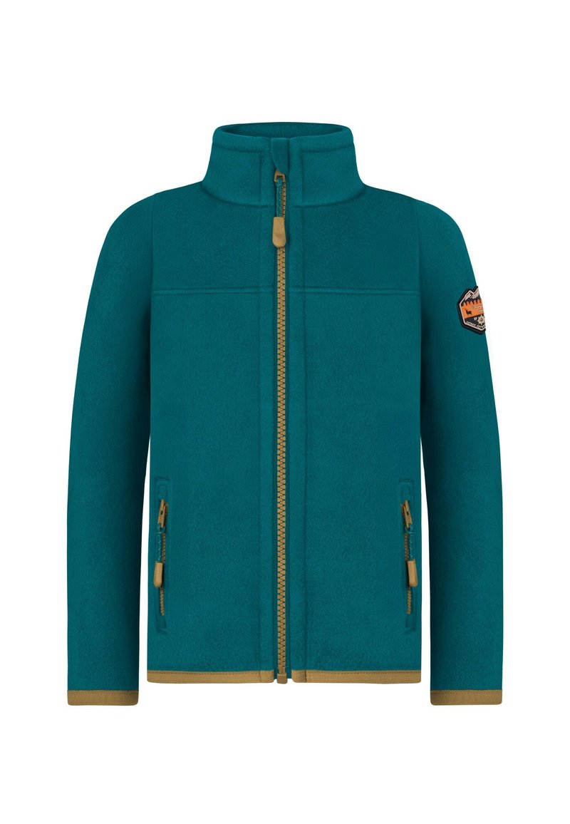 Türkise Fleecejacke mit hohem Kragen, goldenem Reißverschluss und zwei seitlichen Taschen. Verfügt über beigefarbene Bündchen und ein Patch am linken Ärmel.