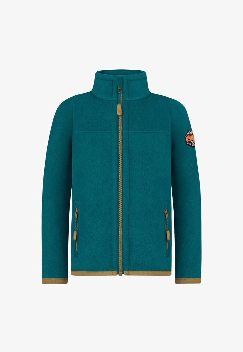 Türkise Fleecejacke mit hohem Kragen, goldenem Reißverschluss und zwei seitlichen Taschen. Verfügt über beigefarbene Bündchen und ein Patch am linken Ärmel.