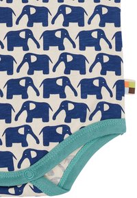 Kortekop bodysuit in crème met een patroon van blauwe olifanten. Voorzien van turquoise afwerking en drukknoopsluitingen aan de onderkant. Soepele katoenen textuur.