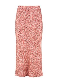 Blumige Midi-Rock in verschiedenen Rosa- und Rottönen. Hergestellt aus leichtem Stoff mit glatter Textur und dezent ausgestellt geschnittenem Saum. Mit einem taillierten Bund.