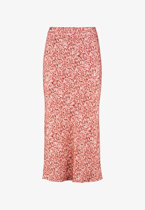 Blumige Midi-Rock in verschiedenen Rosa- und Rottönen. Hergestellt aus leichtem Stoff mit glatter Textur und dezent ausgestellt geschnittenem Saum. Mit einem taillierten Bund.