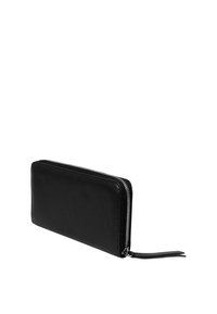 Black leather wallet with a smooth texture, rectangular shape, zip closure, and a side tassel detail. Features silver metal hardware.