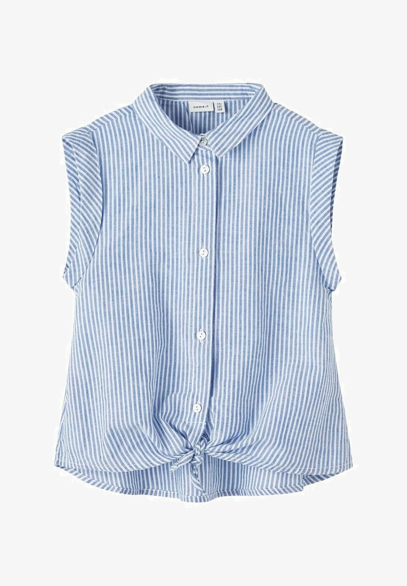 Chemise sans manches à rayures verticales bleu et blanc avec col, boutons sur le devant et nœud à la base.