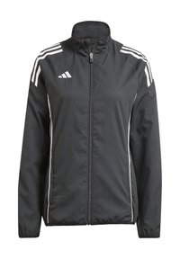 Schwarze Windjacke mit hohem Kragen, durchgehendem Reißverschluss und weißen Akzentstreifen auf den Schultern und Seiten. Texturiertes Material.
