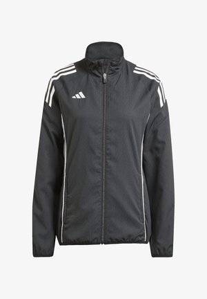 Schwarze Windjacke mit hohem Kragen, durchgehendem Reißverschluss und weißen Akzentstreifen auf den Schultern und Seiten. Texturiertes Material.